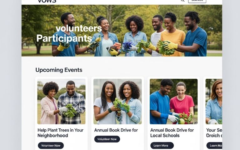 Screenshot of a public-facing event calendar or listing page, showcasing various upcoming community service events with details like date, time, location, and a 'Sign Up' button.
