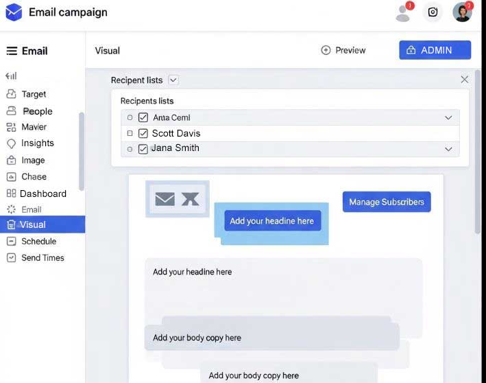 Screenshot of an email campaign builder interface, showing options for designing emails with drag-and-drop elements, selecting recipient lists, and previewing the message.