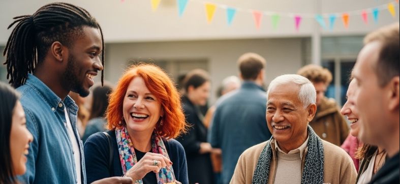 A diverse group of people participating in a community event, smiling and interacting.