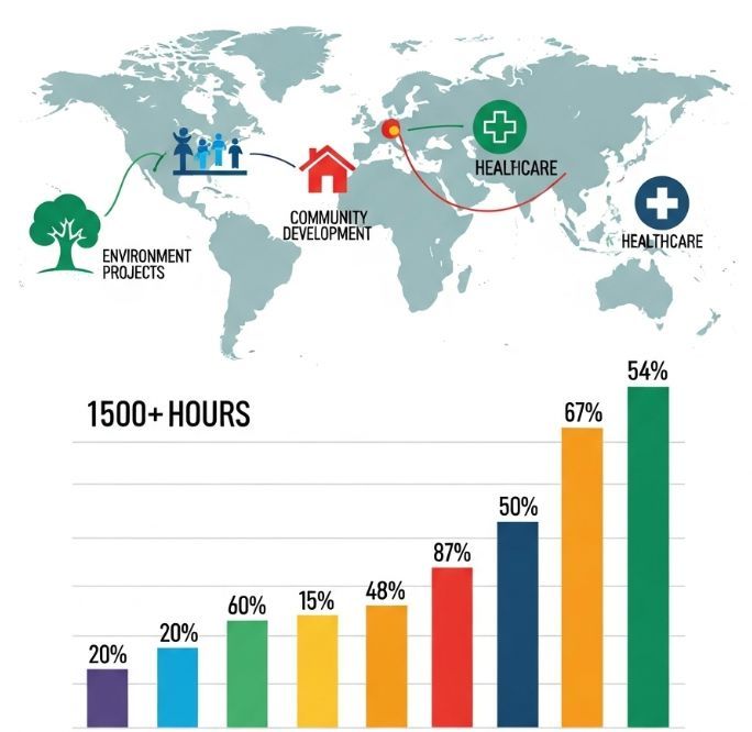 Screenshot of an impact dashboard displaying key performance indicators (KPIs) like total volunteer hours, number of projects completed, and beneficiaries reached, presented with colorful charts and graphs.