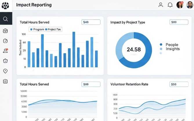 Screenshot of a report generation interface with options to filter data by date, project, and volunteer group, and export options for various file formats.