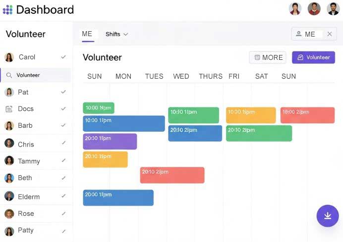 Screenshot of a volunteer management dashboard with a calendar view of upcoming shifts and volunteer assignments.