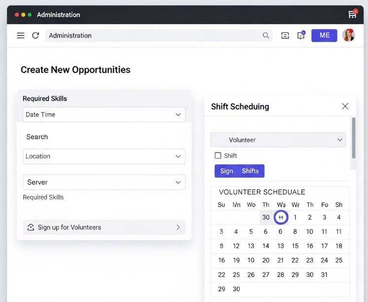Screenshot of a form for creating a new volunteer opportunity, with fields for date, time, location, and required skills.